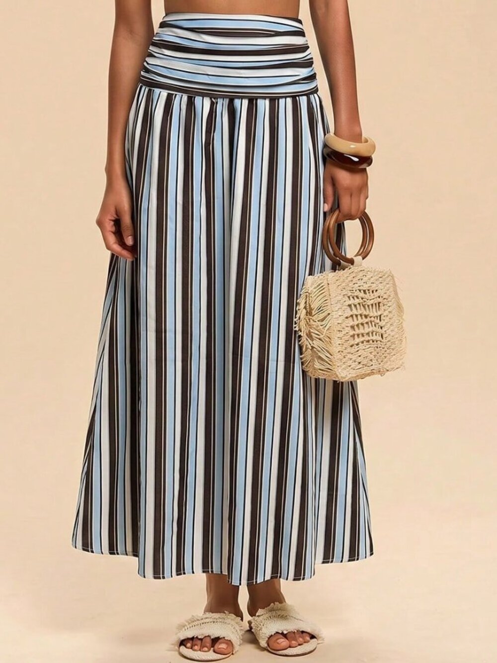 Multicolor Casual Women's Ruched Striped High Waist Midi Skirt - Picture 6 of 6